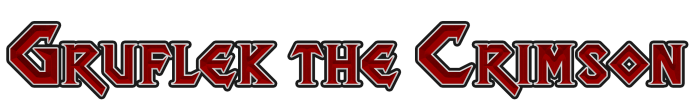 "Gruflek the Crimson" logo in an angular red font with a double outline of white and charcoal.
